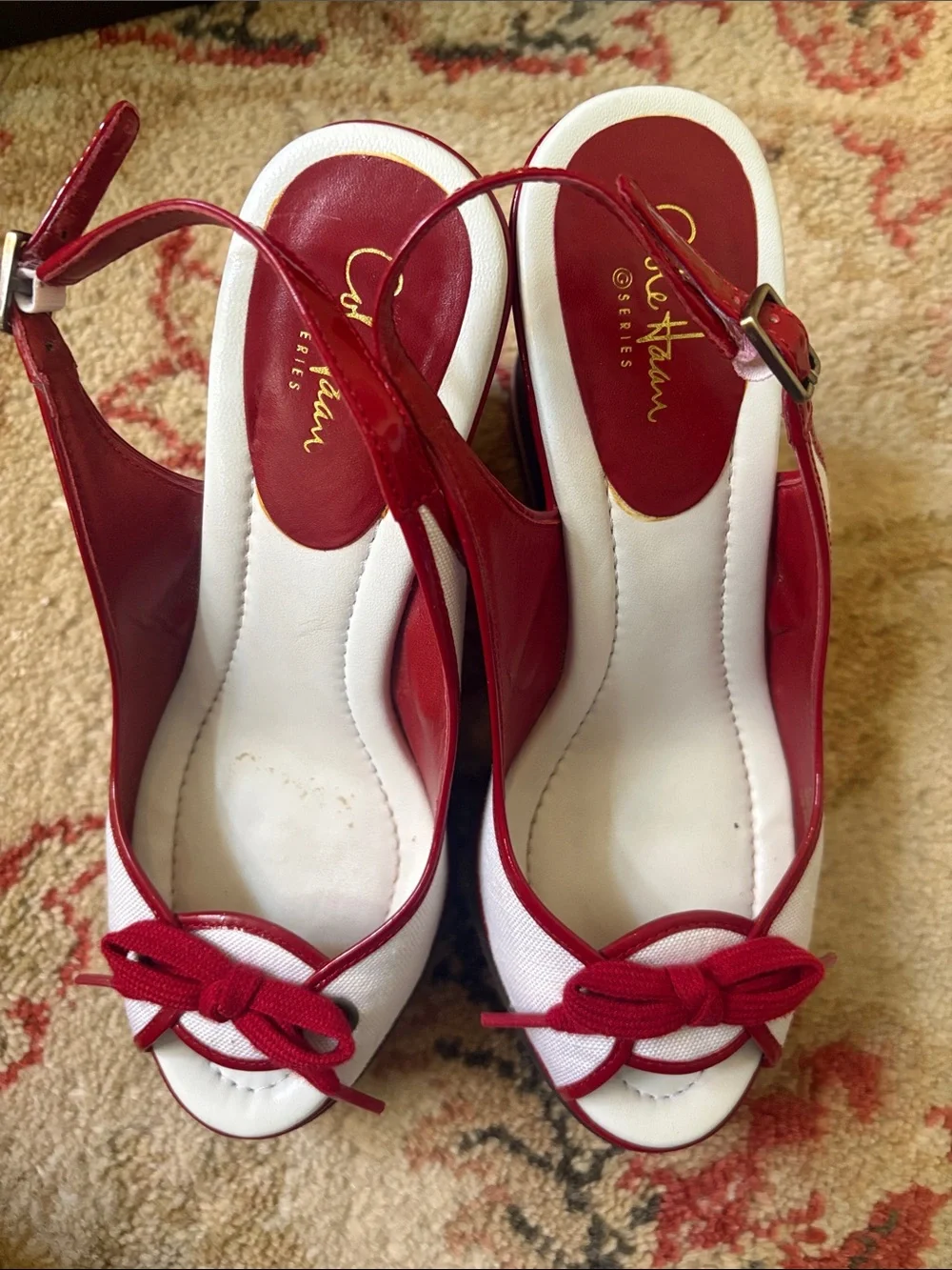 Cole Haan Red and White Slingback Wedge Sandals with Bow Detail
